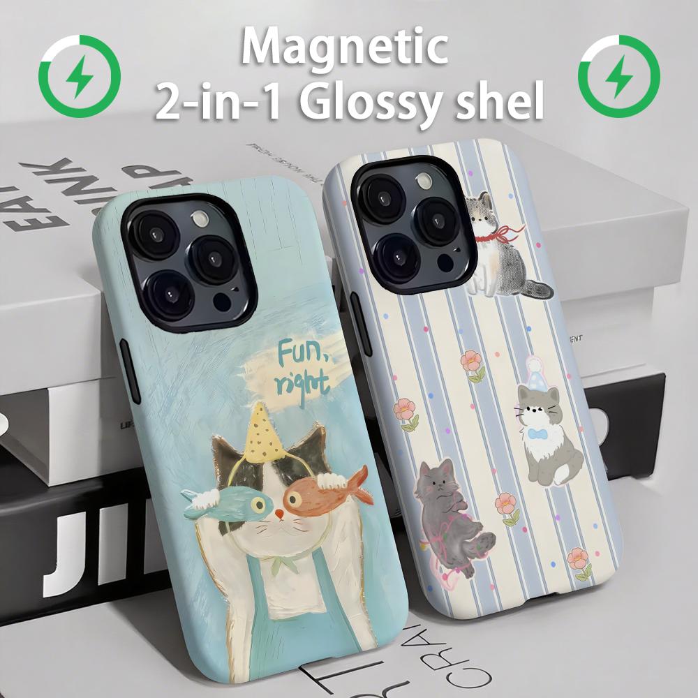 Phone Cases Iphone 15 - 귀여운 고양이와 강아지 마그네틱 2-in-1 광택
