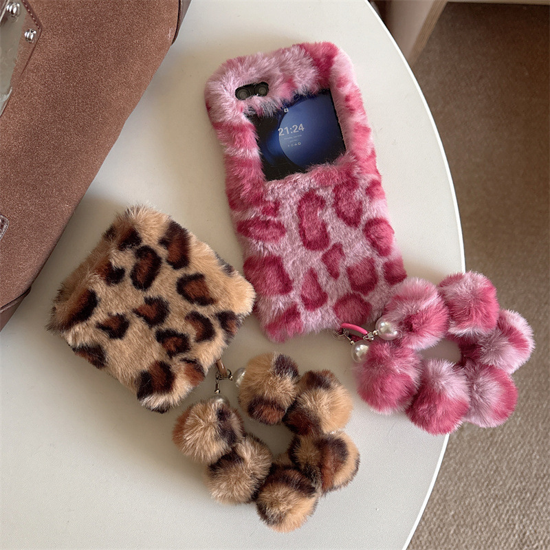 Phone Cases With Straps - 패션 레오파드 프린트 플러피 플러시 손목