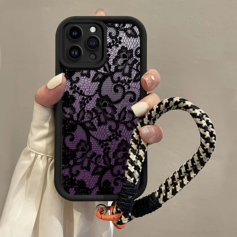 Phone Cases With Straps - 블랙 퍼플 레이스 핸드 스트랩 폰