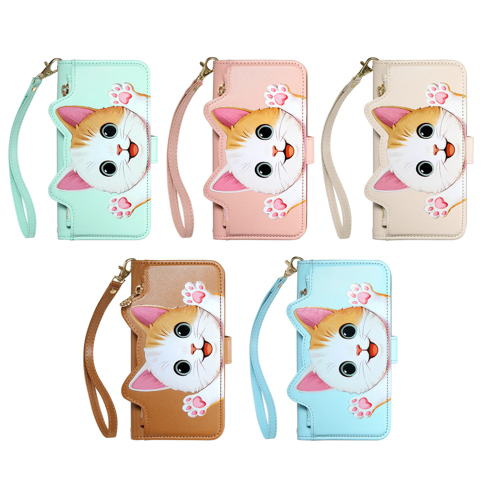 Phone Cases With Wallet - 귀여운 고양이 PU 가죽 지퍼 손목