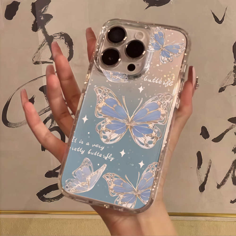 Phone Cases For Iphone 17 - 럭셔리 블루 버터플라이 투명 글리터 폰