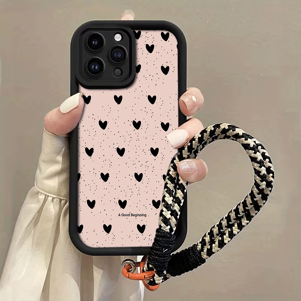 Phone Cases With Straps - 잉크 스플래터 블랙 하트 핸드 스트랩