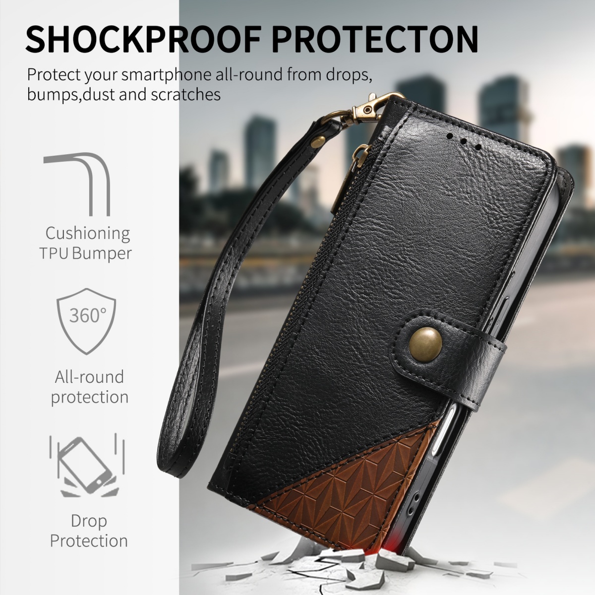 PU 가죽 지퍼 손목 스트랩 플립 지갑 카드 슬롯 폰  - Phone Cases With Wallet 리뷰 및 가격